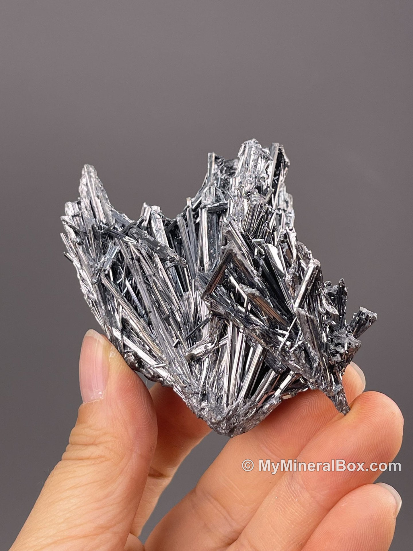 Acicular stibnite from Lengshuijiang, Hunan, China — MyMineralBox specimen